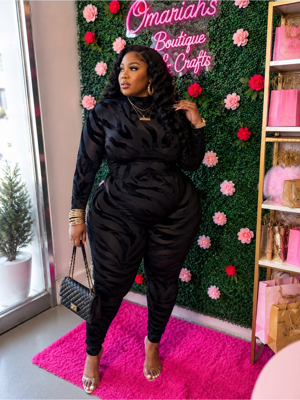 Plus-Size zebra print mesh jumpsuit